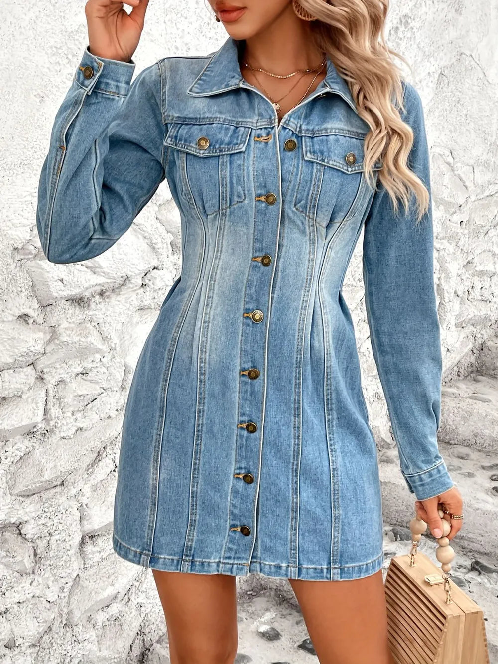 Pocketed Button Up Long Sleeve Denim Dress 