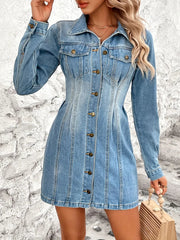 Pocketed Button Up Long Sleeve Denim Dress 