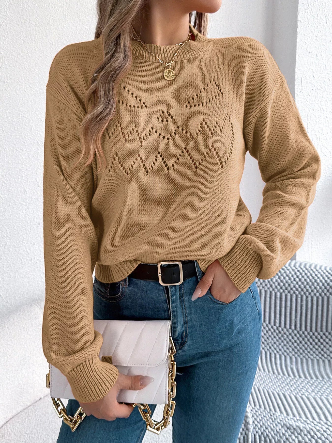 Openwork Round Neck Long Sleeve Sweater 