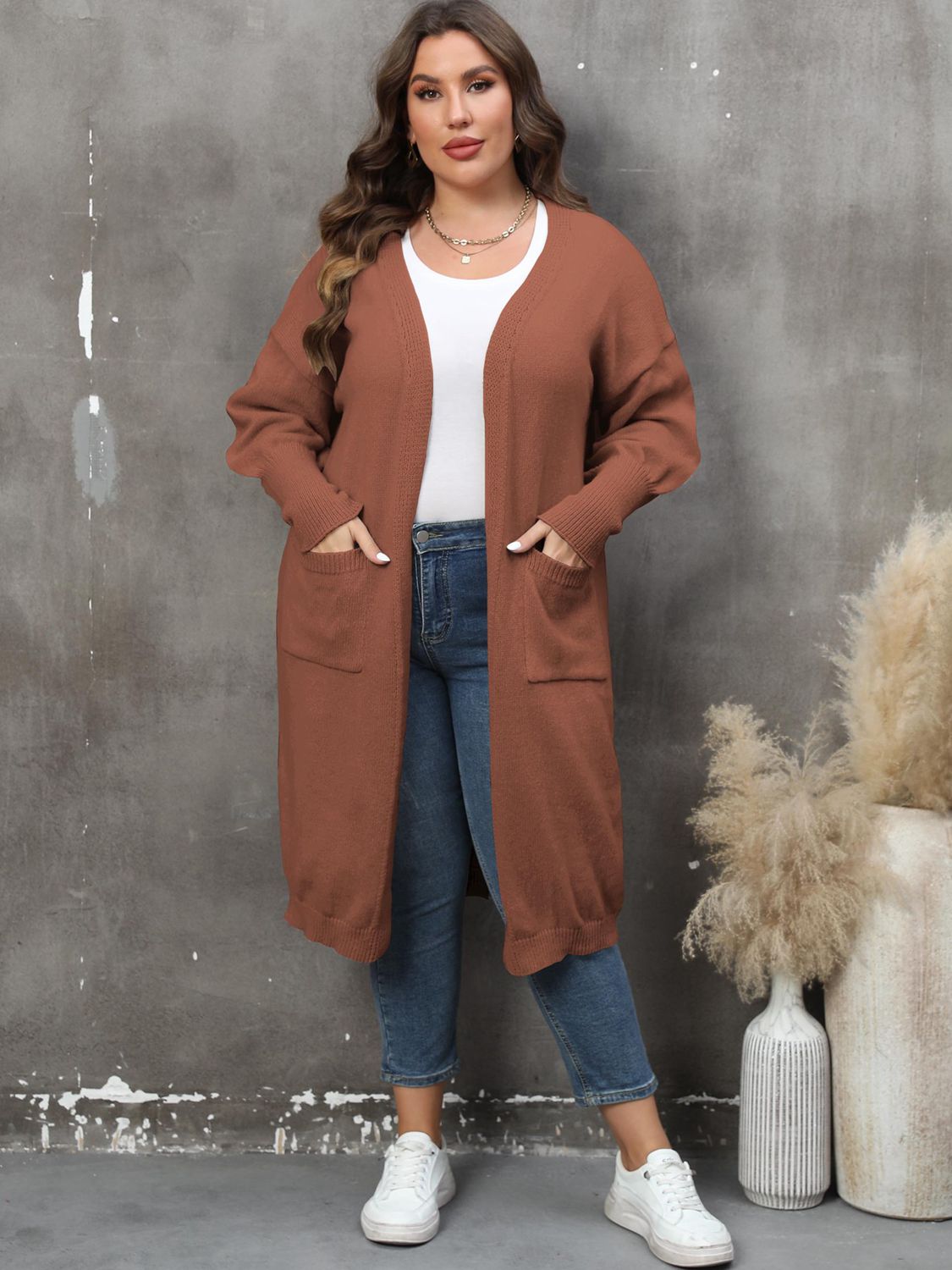 Plus Size Long Sleeve Pocketed Cardigan 