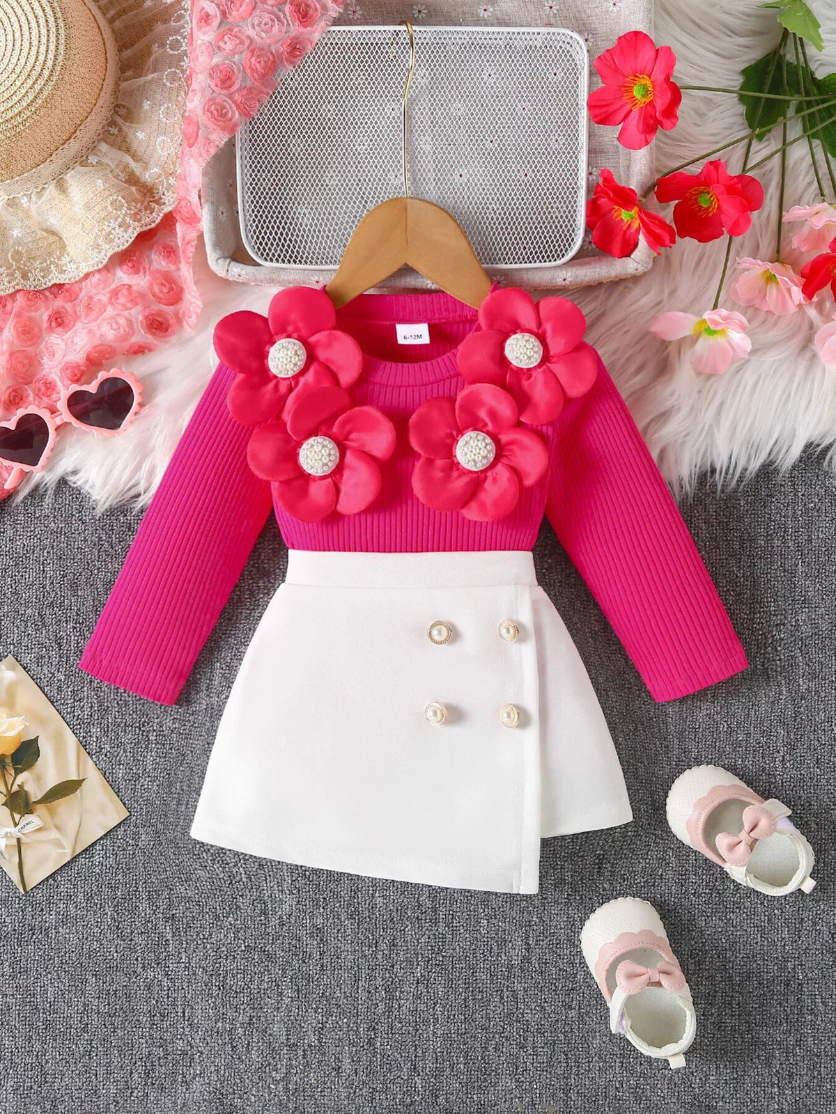 Children's Floral Applique Ribbed Top & Button Decor Skirt Set 