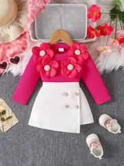 Children's Floral Applique Ribbed Top & Button Decor Skirt Set 