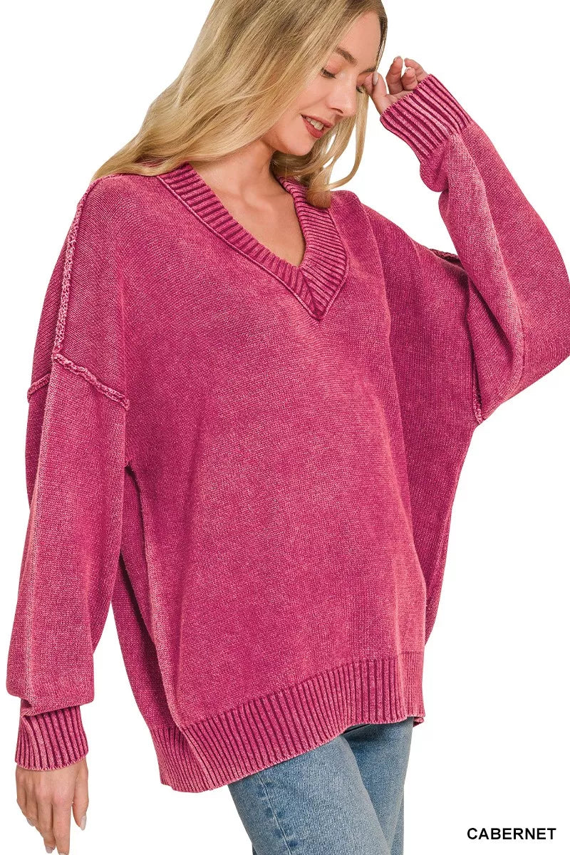 Zenana Washed Deep V-neck Oversized Sweater 