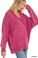 Zenana Washed Deep V-neck Oversized Sweater 