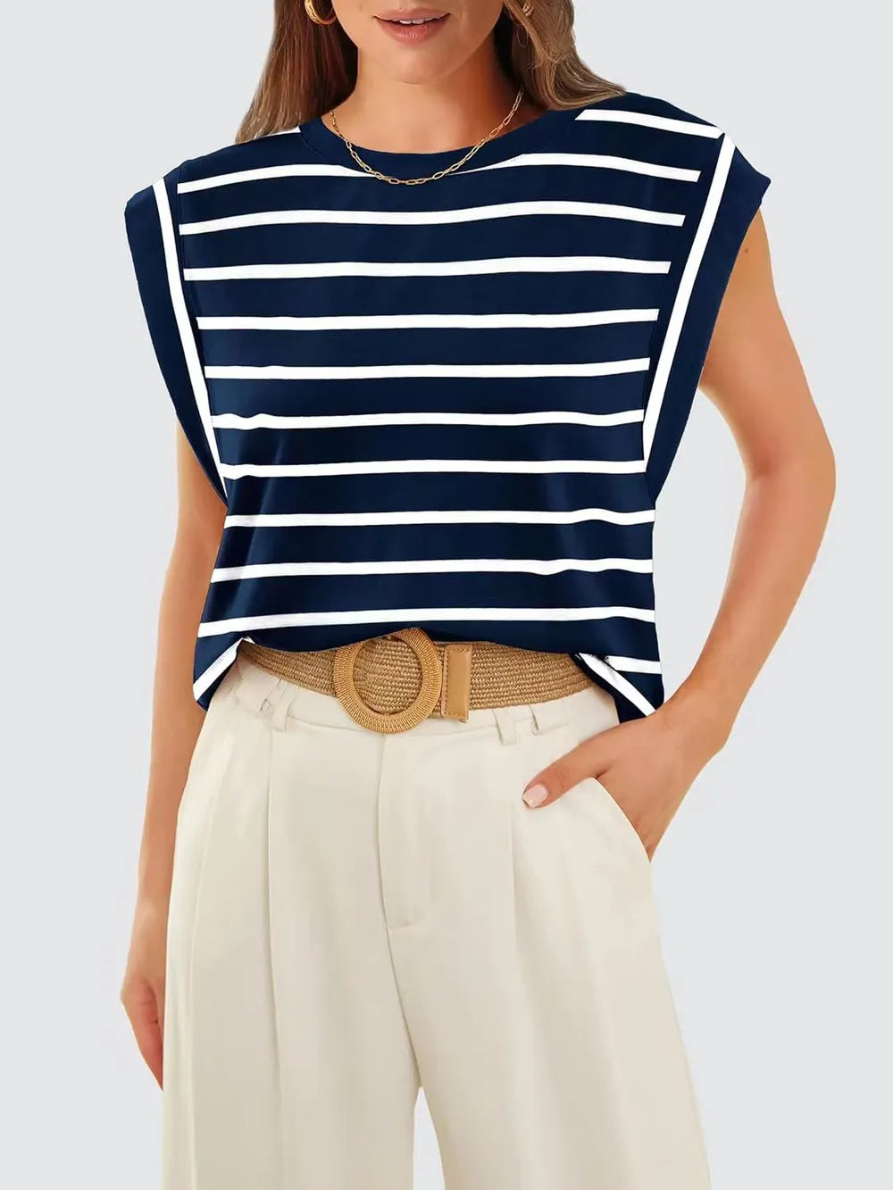 Striped Round Neck Cap Sleeve T-Shirt 