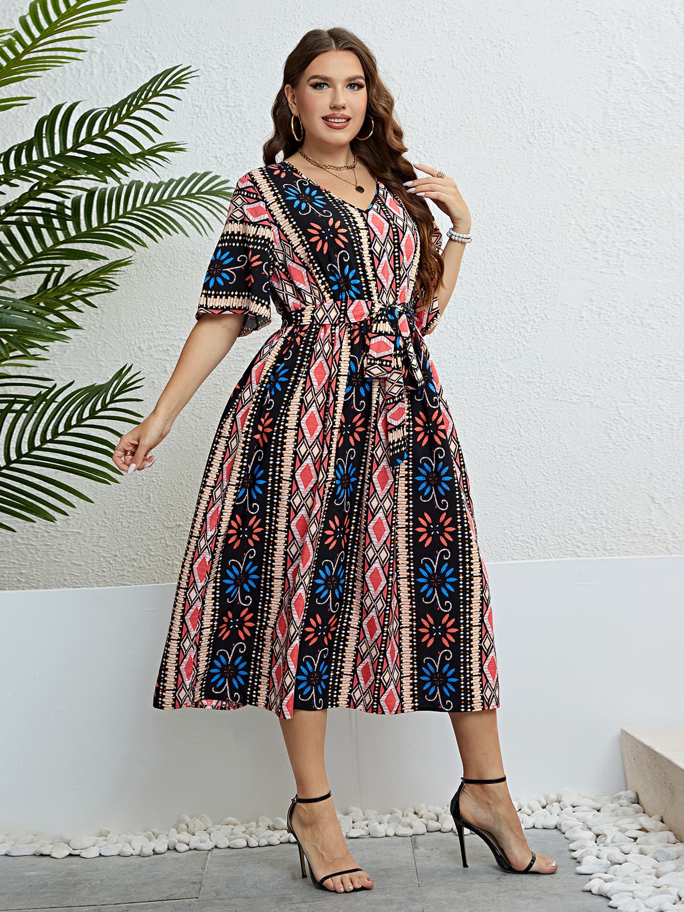 Honey Plus Size Bohemian V-Neck Tie Belt Midi Dress 