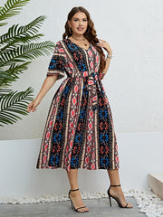Honey Plus Size Bohemian V-Neck Tie Belt Midi Dress 