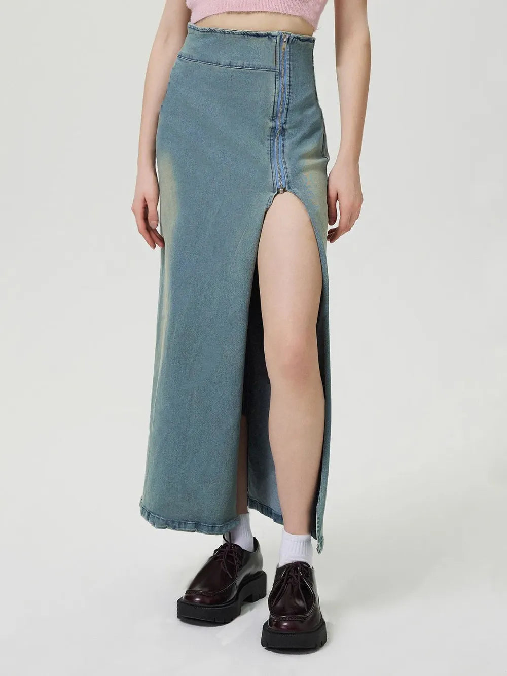 Slit Denim Skirt with Zip 