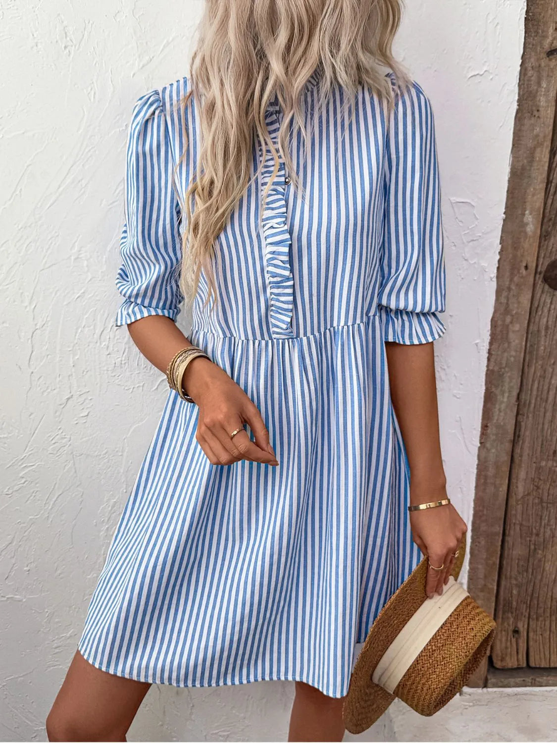 Striped Half Sleeve Mini Shirt Dress 