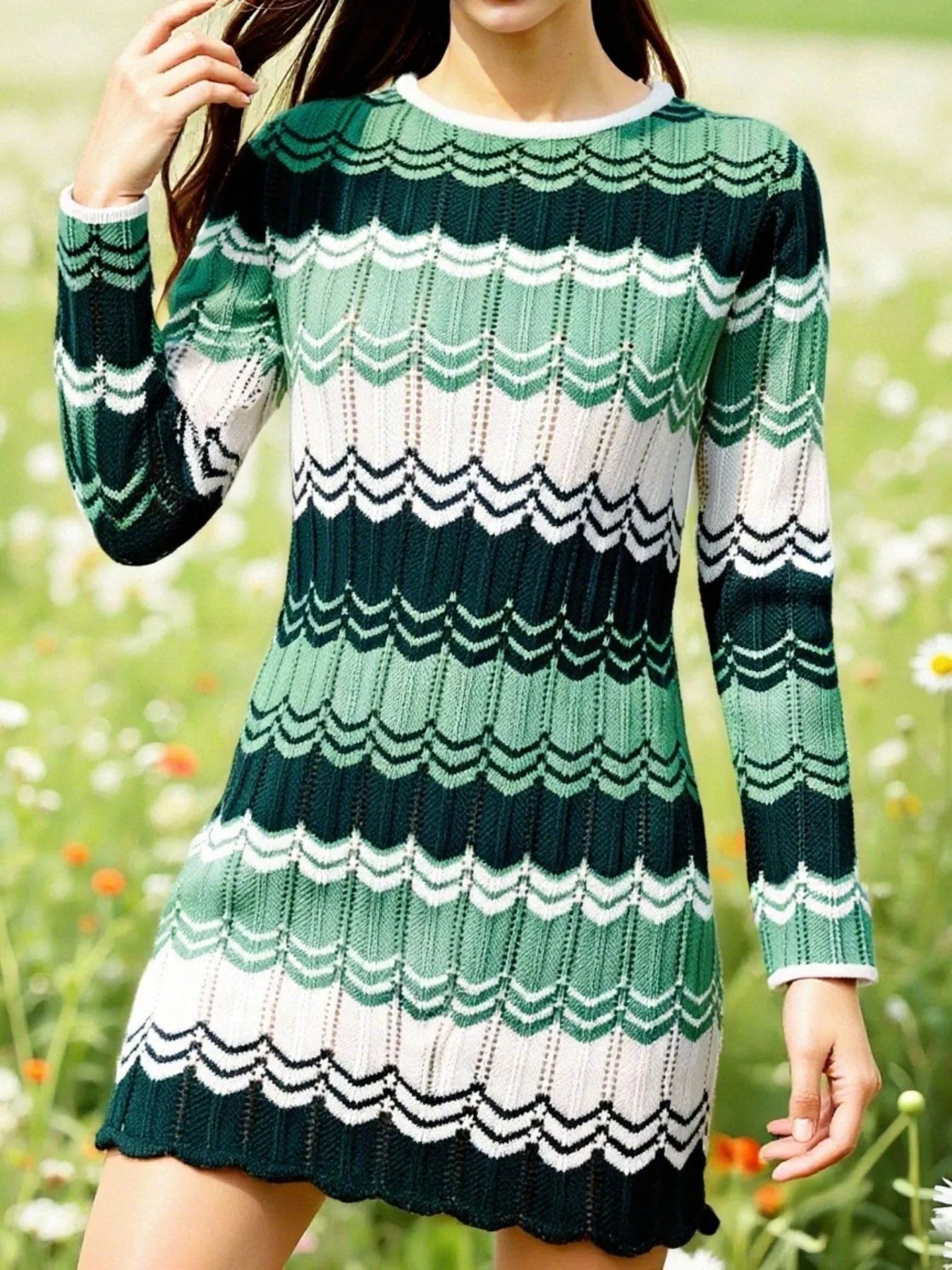 Openwork Wave Pattern Long Sleeve Sweater Dress 