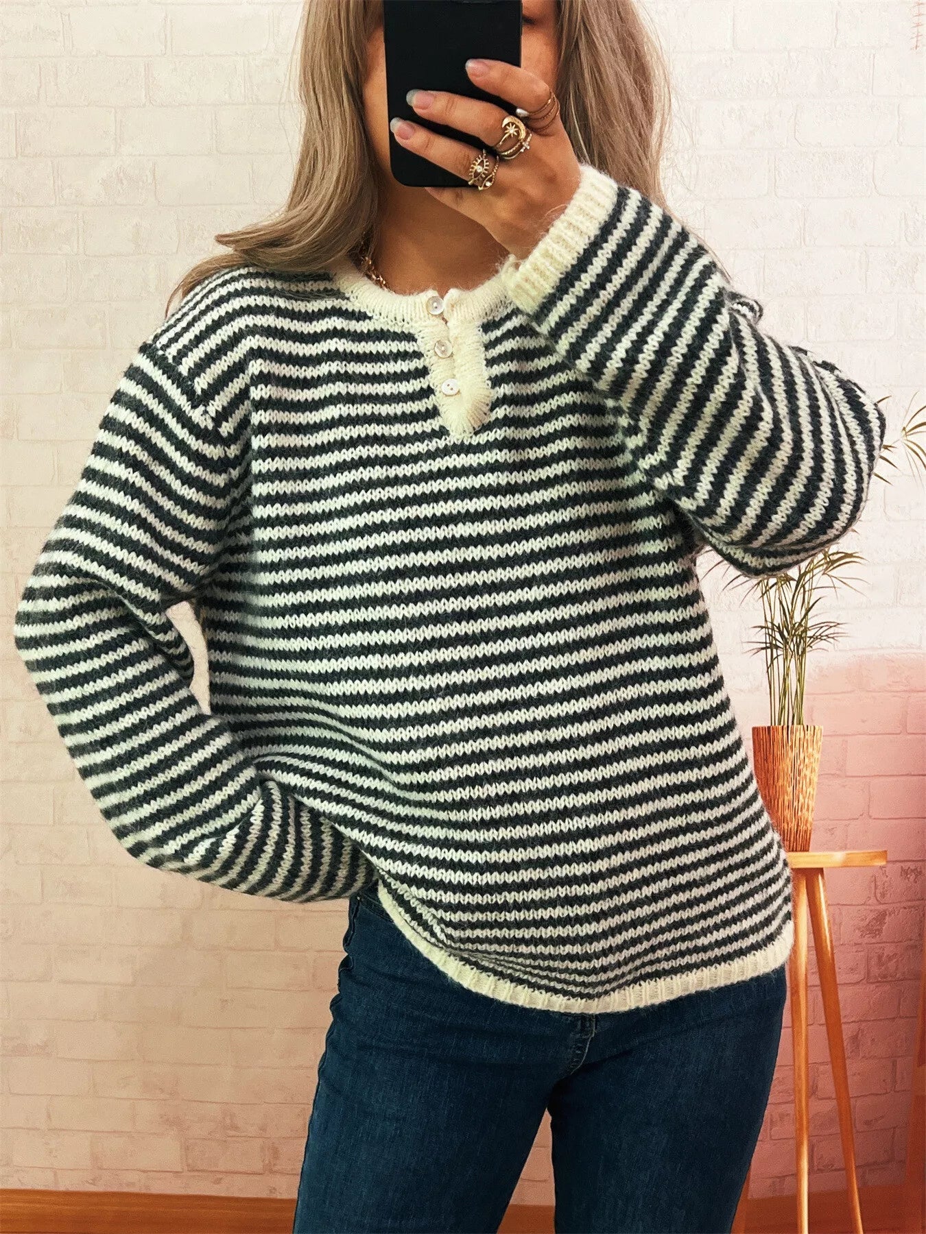Striped Button Detail Long Sleeve Sweater 