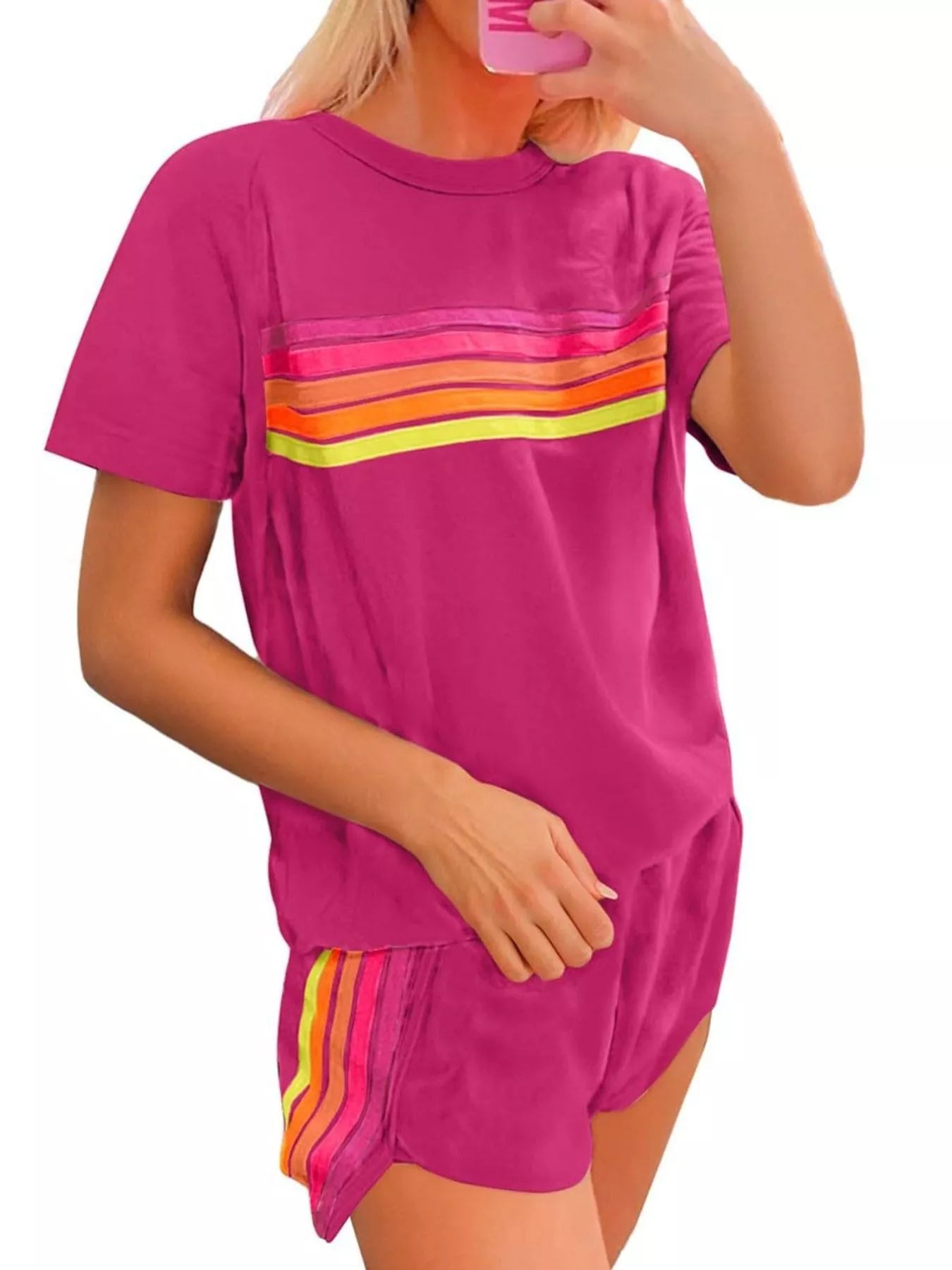Rainbow Striped Round Neck Top and Shorts Set 