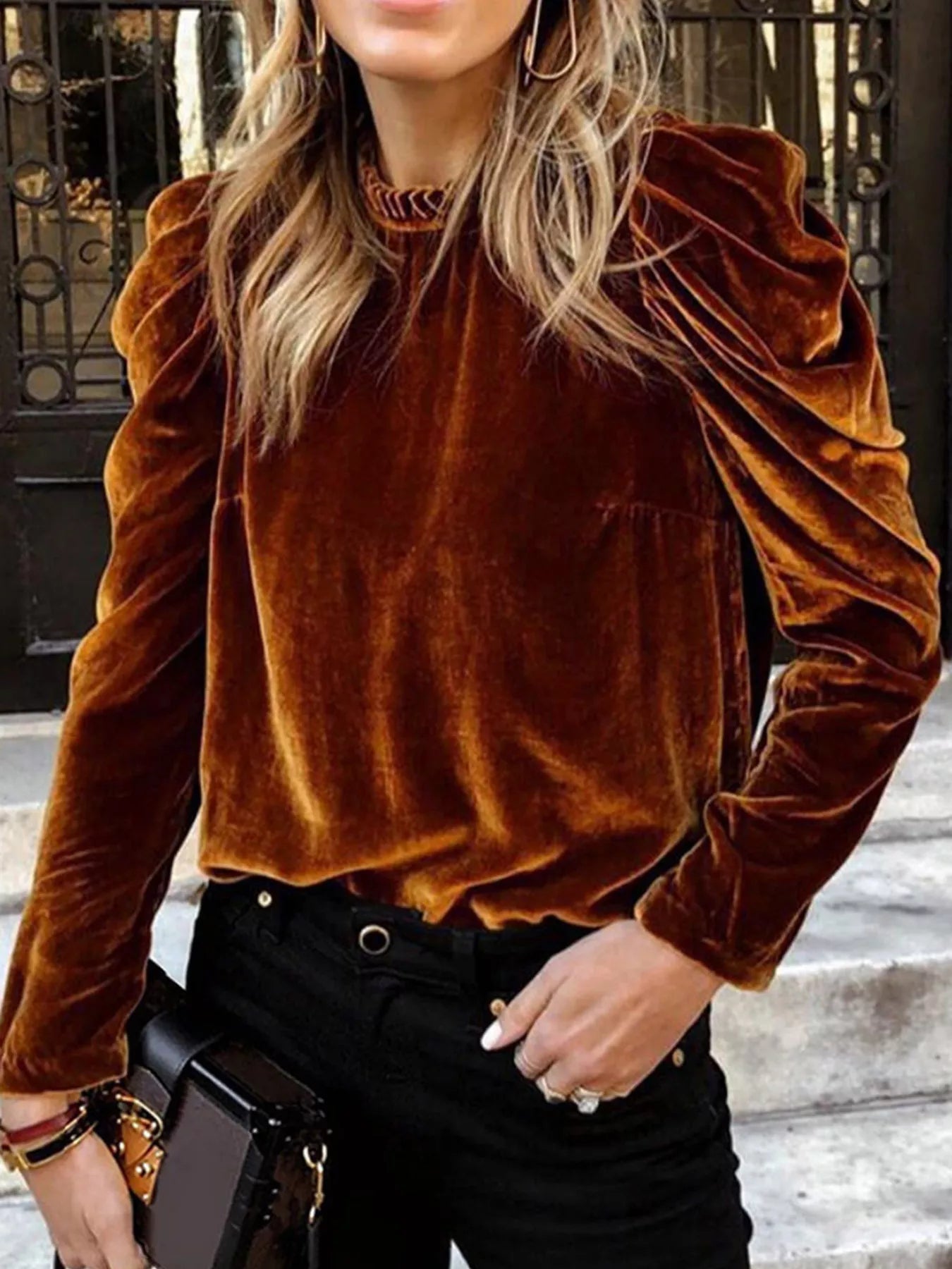 Velvet Mock Neck Long Sleeve Blouse 
