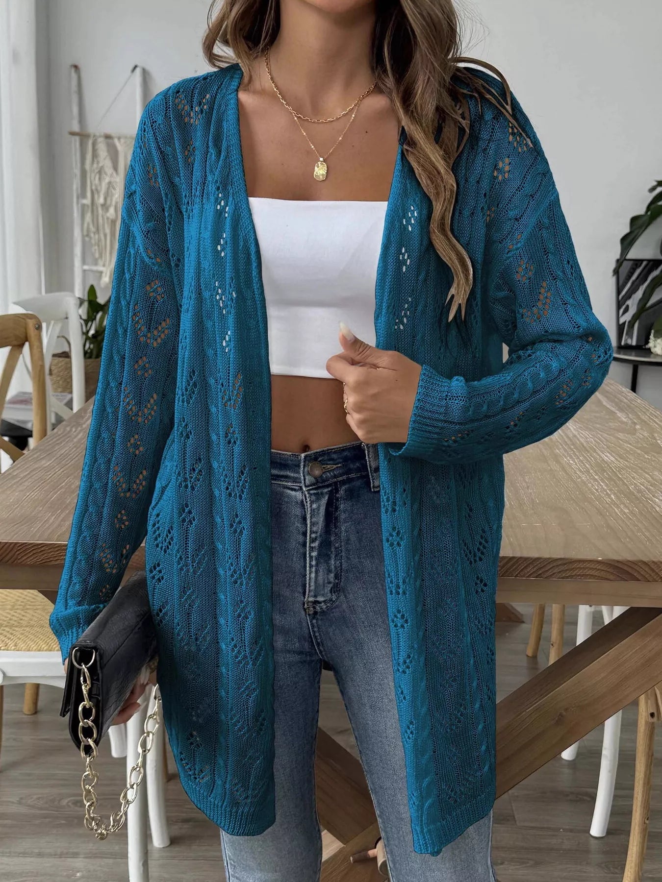 Openwork Open Front Knit Cardigan 