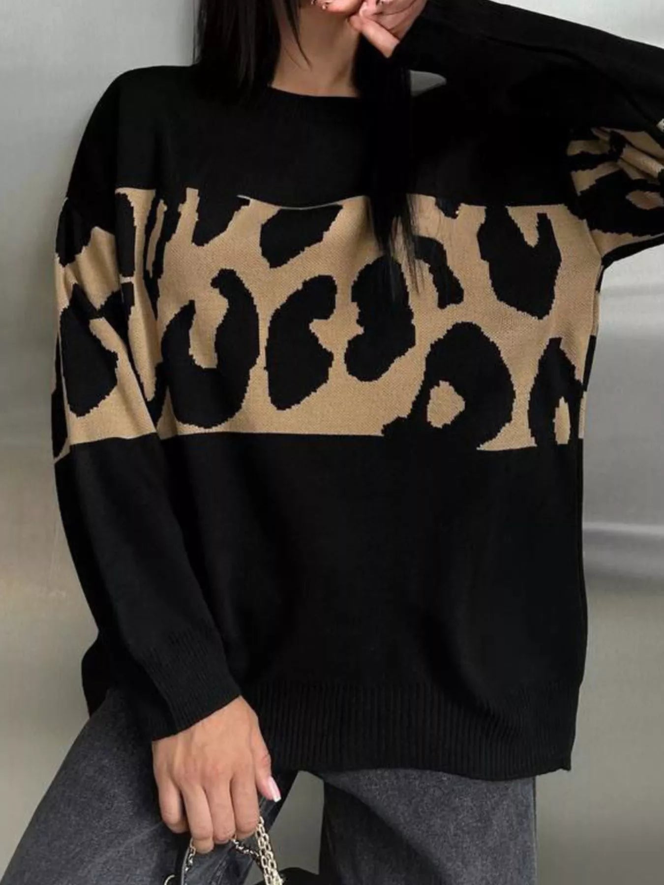 Leopard Color Block Round Neck Sweater 