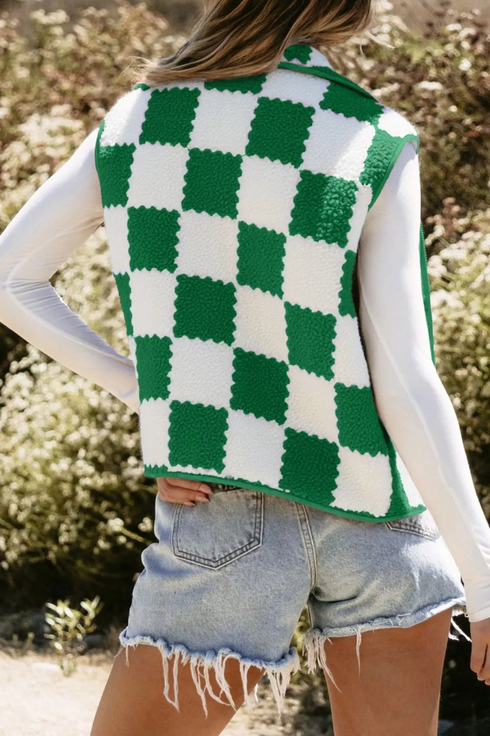 Checkerboard Fleece Sherpa Vest Coat 