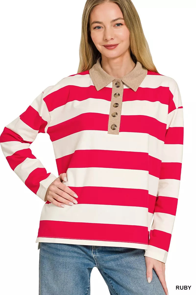 Zenana Striped Contrast Collar Polo Top 