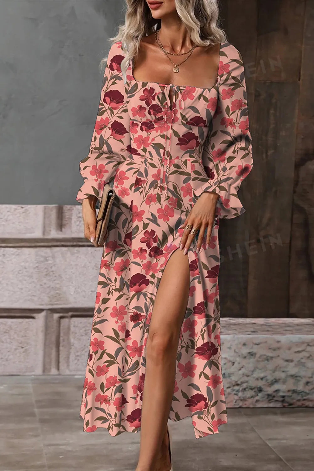 Floral Print Flounce Sleeve Midi Dress 