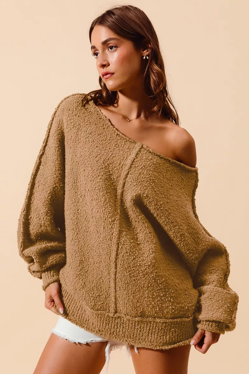 SO ME Loose Fit Exposed Seam Slouchy Boucle Sweater 