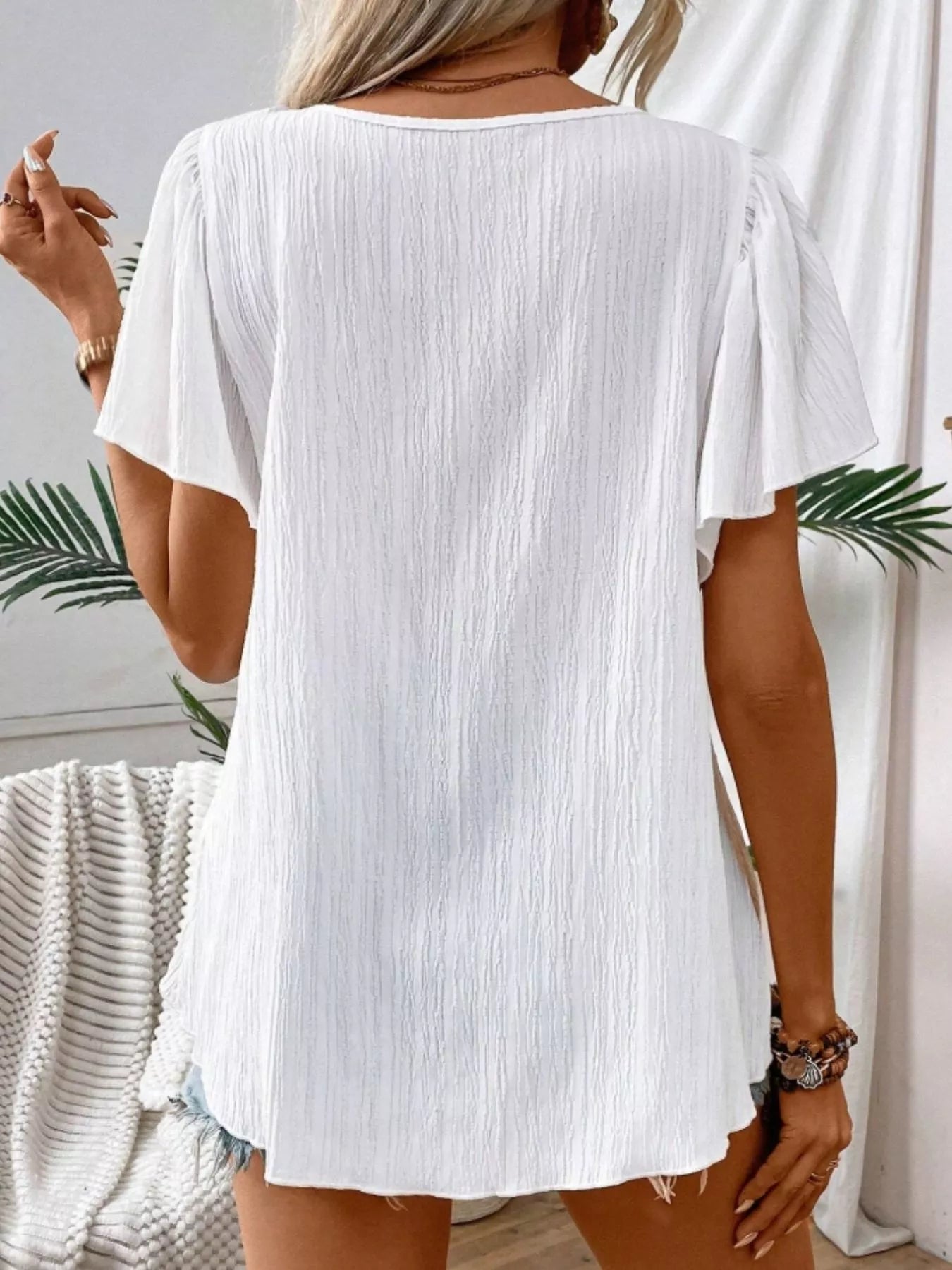Embroidered Square Neck Flutter Sleeve Blouse 