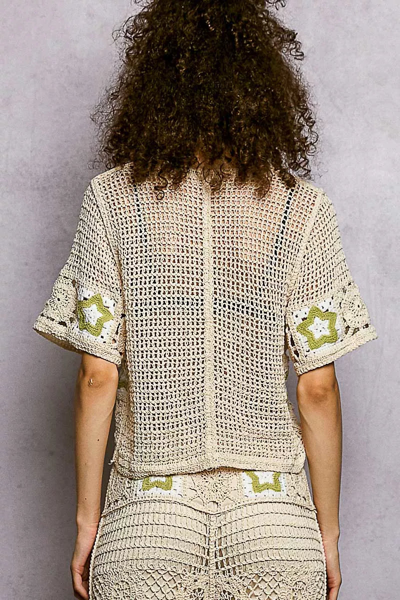 POL Button Front V-Neck Crochet Cardigan with Contast Star 