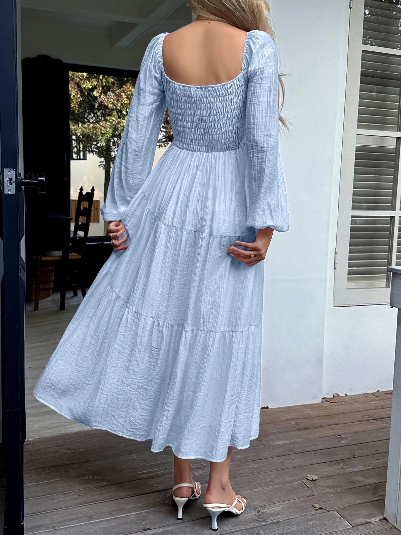 Tiered Balloon Sleeve Midi Dress 
