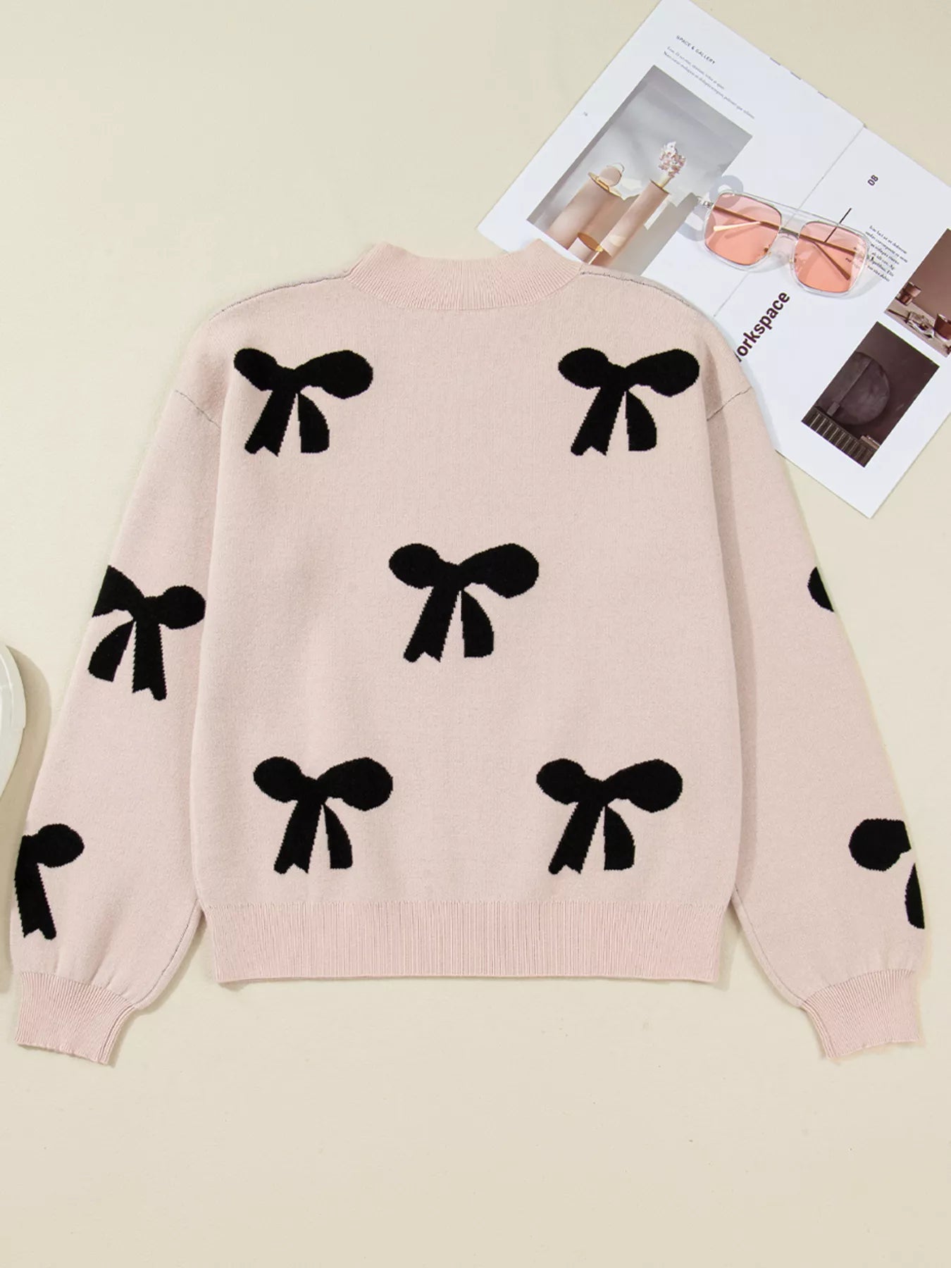 Pearl Embellished Bow Pattern Loose Sweater 