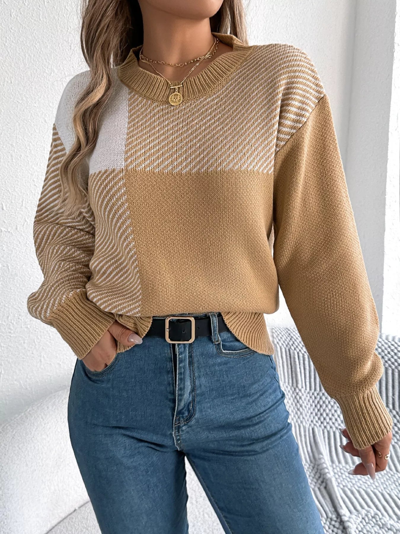 Color Block Striped Round Neck Sweater 