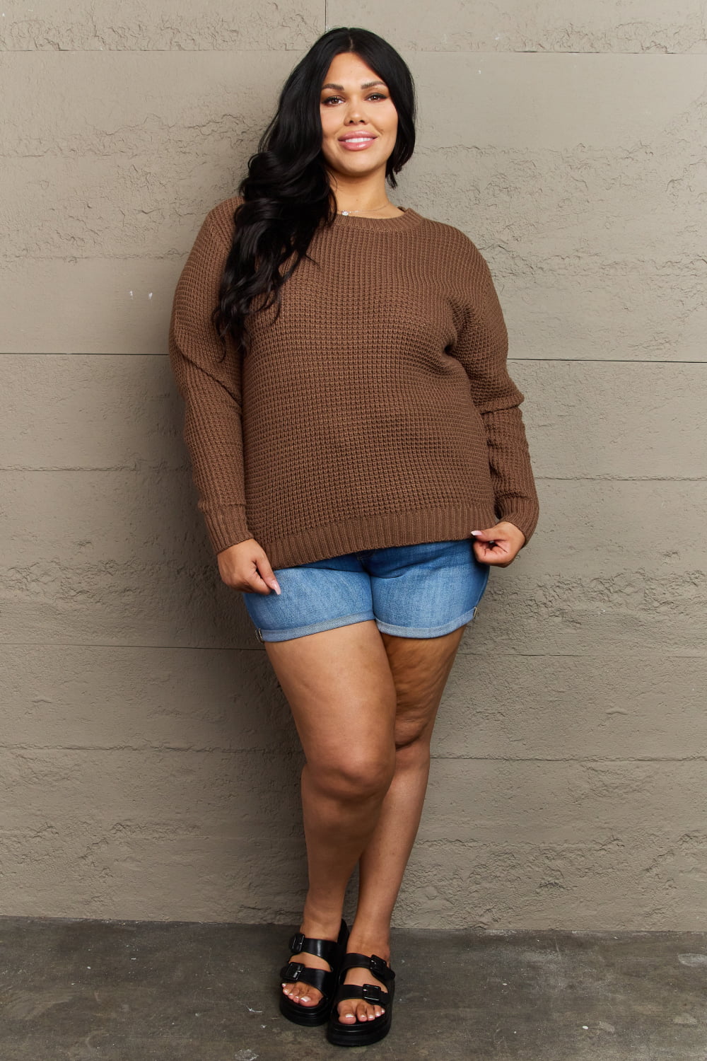 Zenana Breezy Days Plus Size High Low Waffle Knit Sweater 