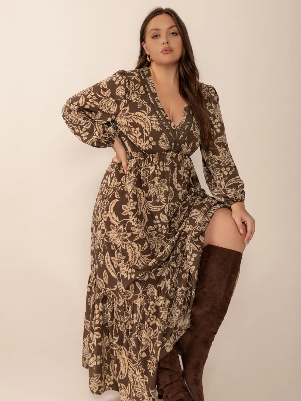 Plus Size Printed V-Neck Balloon Sleeve Maxi Dress 