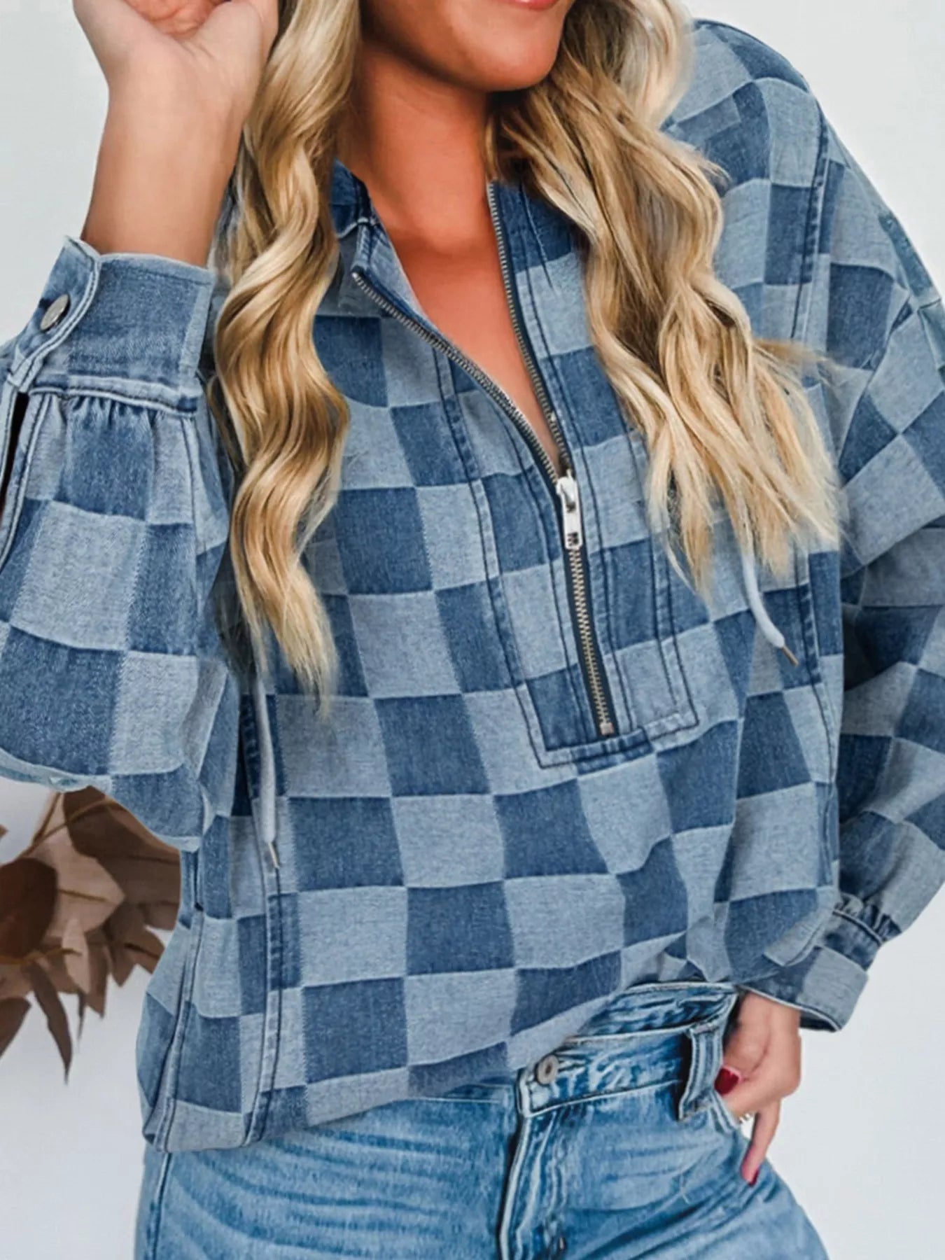 Checkered Half Zip Denim Hoodie Top 