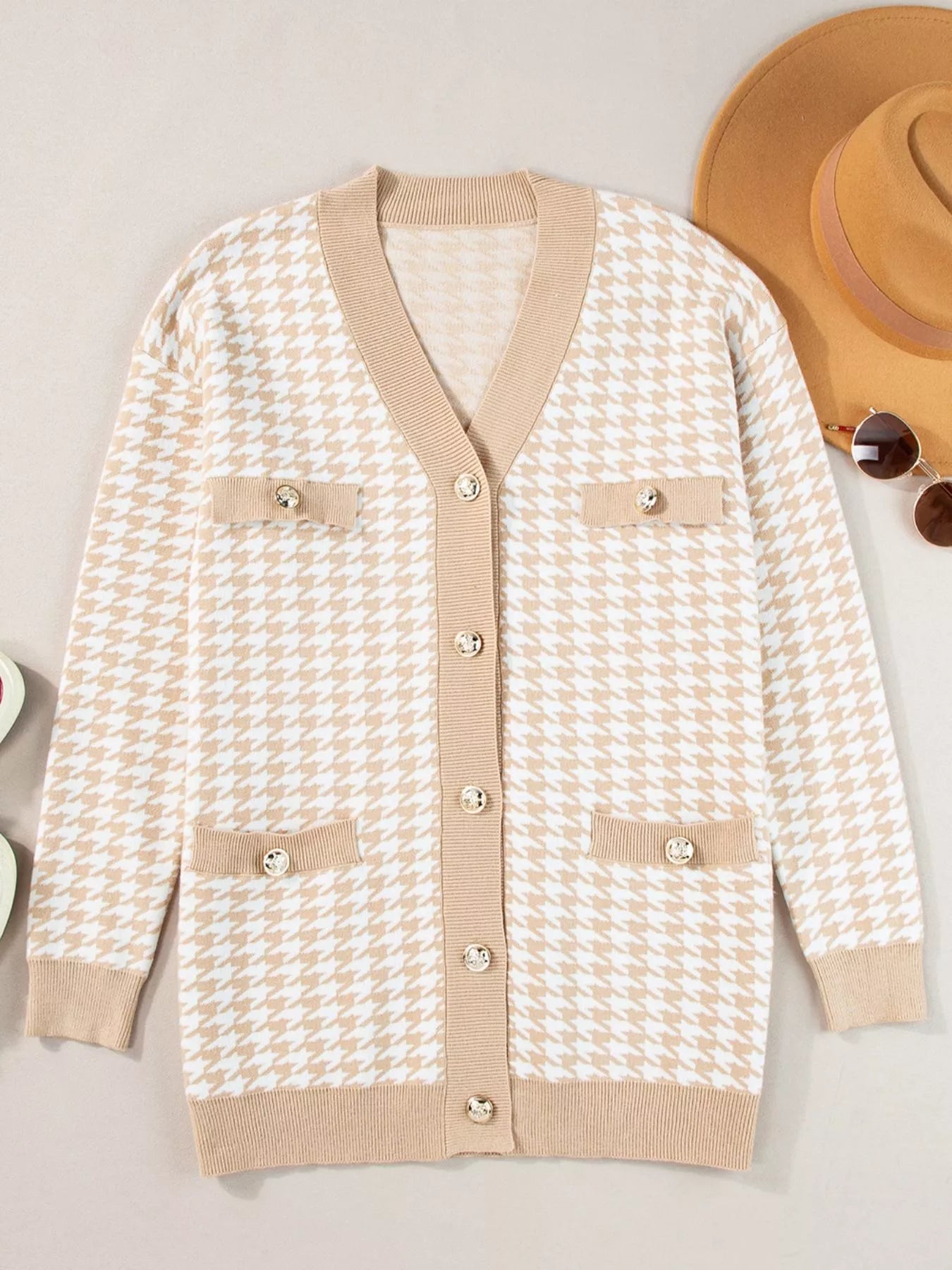 Contrast Edge Metal Button Slim Cardigan with Pockets 