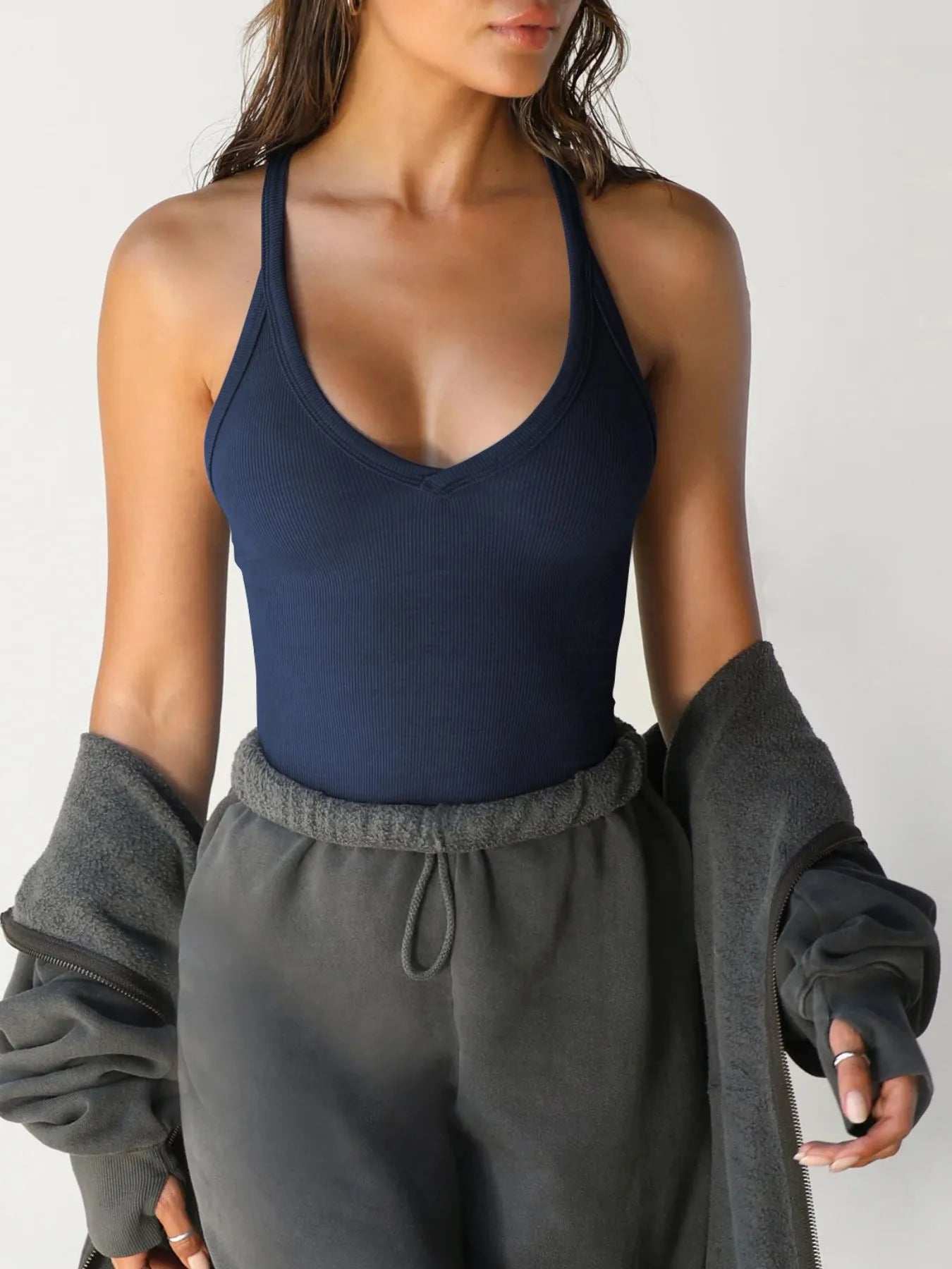 Ribbed V-Neck Halter Tank Top 