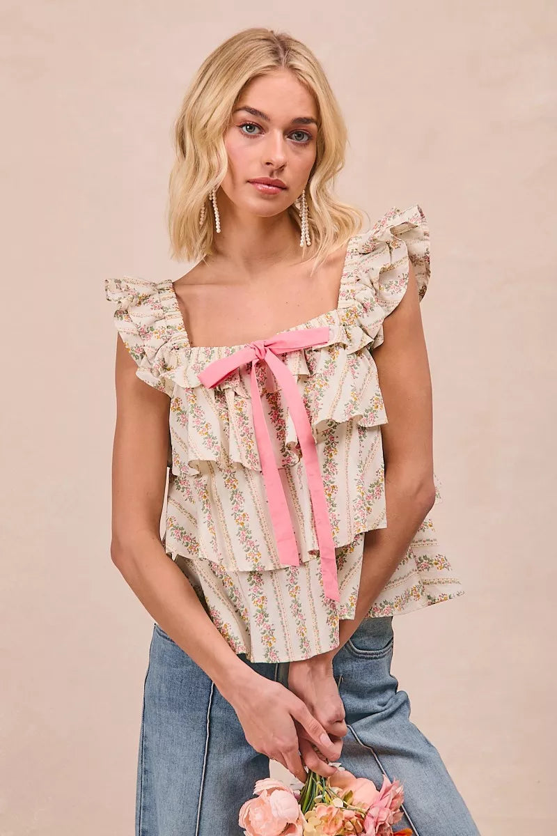 BiBi Floral Printed Woven Front Bow Tied Ruffled Square Neck Sleeveless Top 