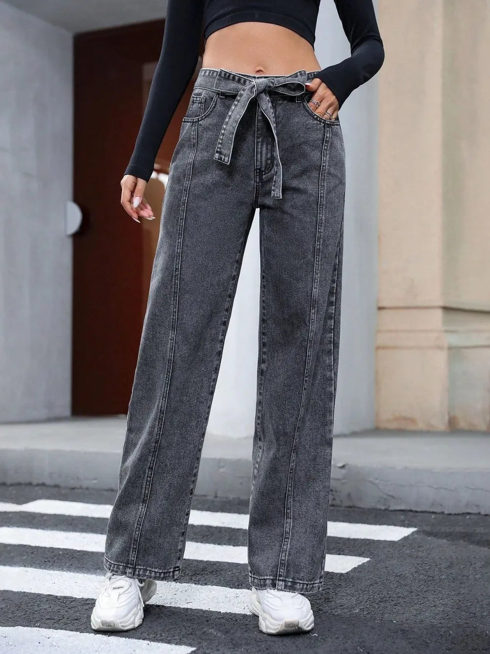 Tied Straight Leg Jeans with Pockets 