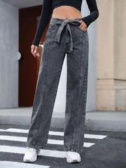 Tied Straight Leg Jeans with Pockets 
