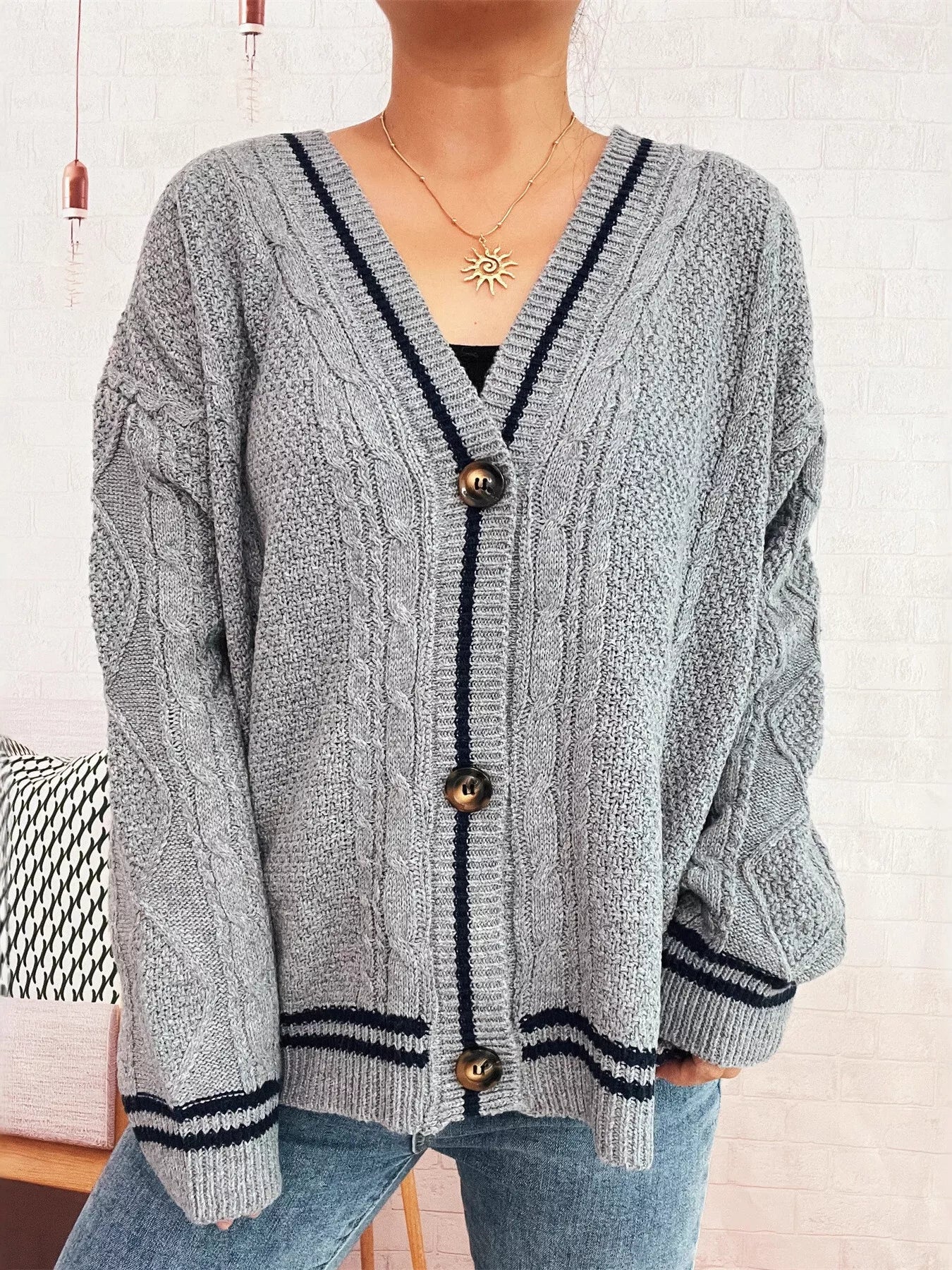 Star Pattern Button-Up Cardigan with Contrast Trim 