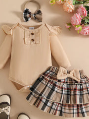 Children's Ruffled Ribbed Bodysuit and Skirt Set with Headband 