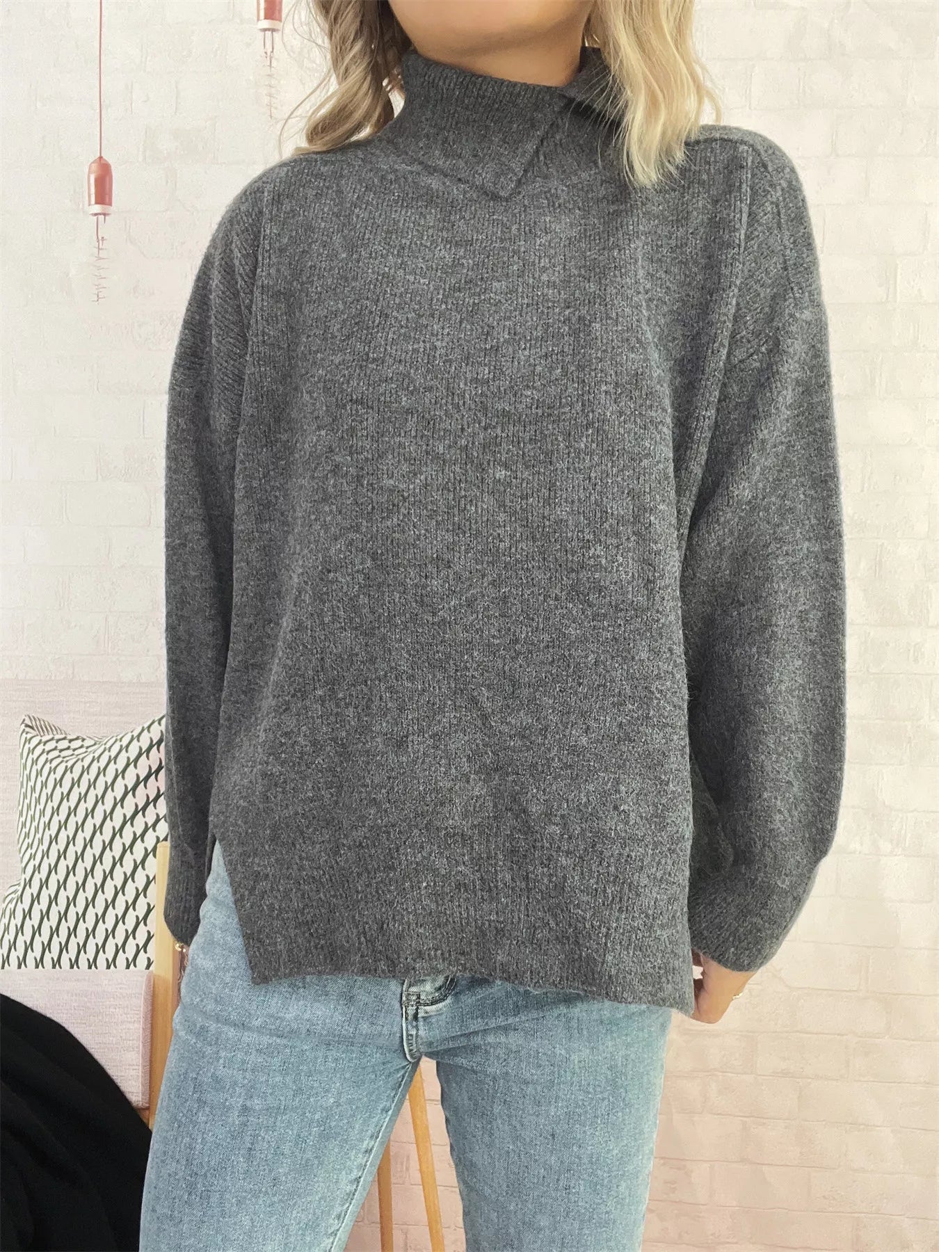 Slit Turtleneck Long Sleeve Sweater 