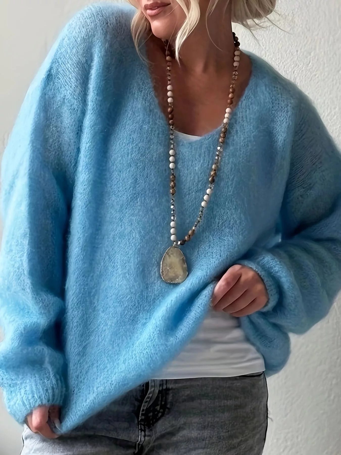 V-Neck Dropped Shoulder Sweater 