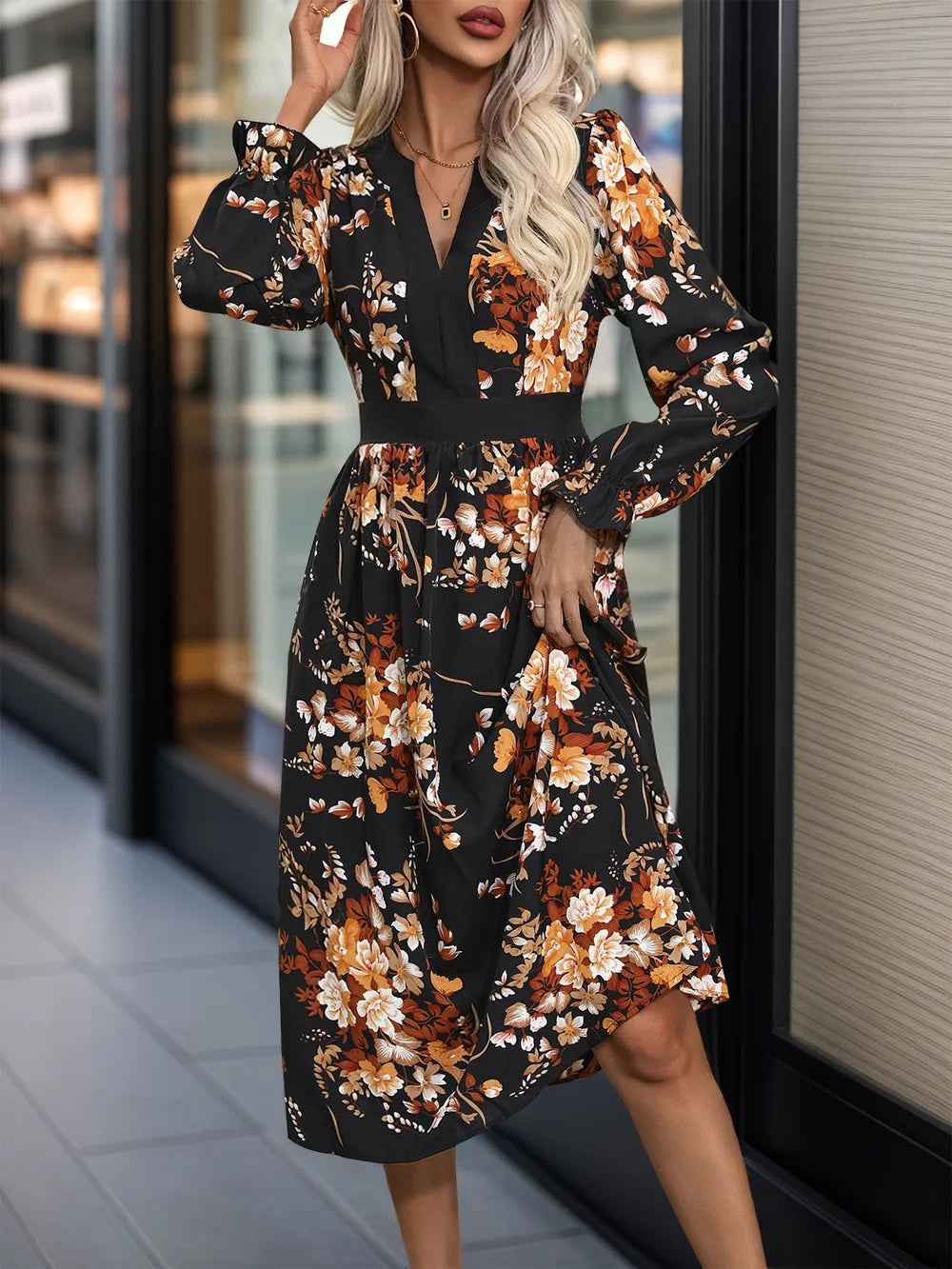 Perfee Printed Notched Long Sleeve Midi Dress 