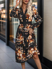 Perfee Printed Notched Long Sleeve Midi Dress 
