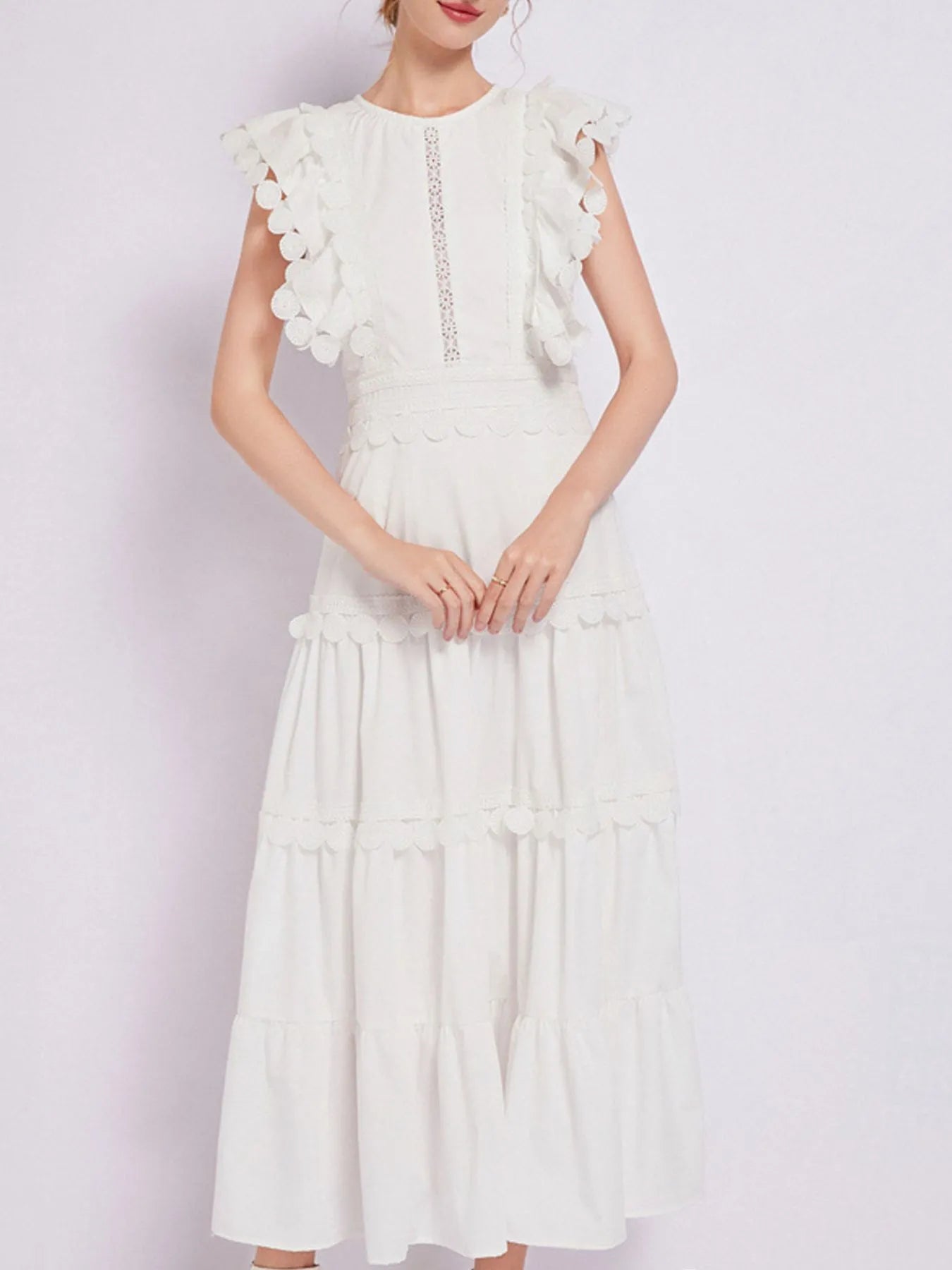 Sleeveless Ruffled Tiered Dress with Embroidered Trim 