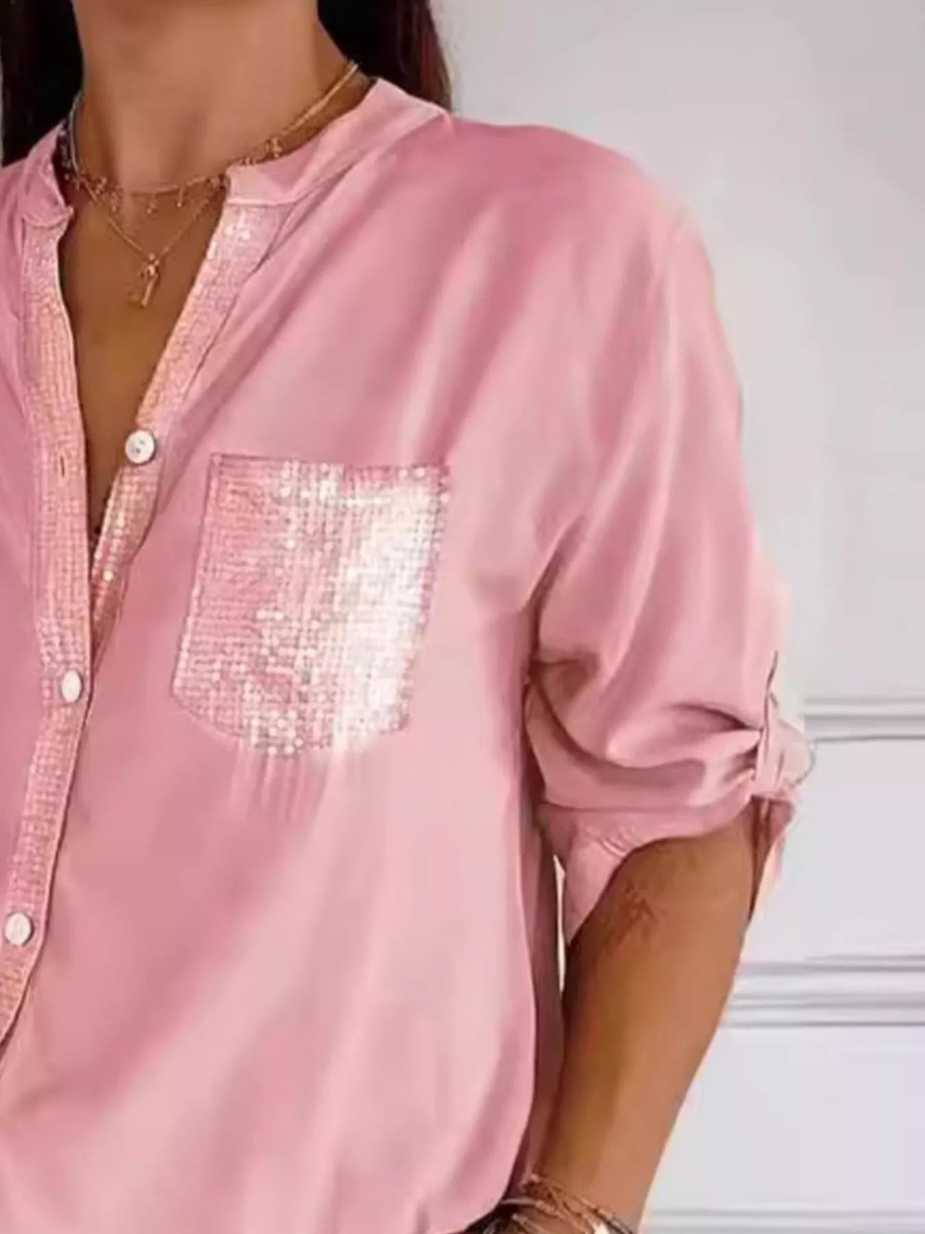 Full Size Sequin Detail Button-Down Shirt Plus Size 