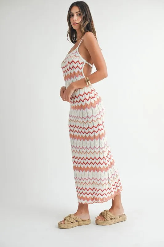 MABLE Lightweight Pointelle Chevron Knit Maxi Dress 