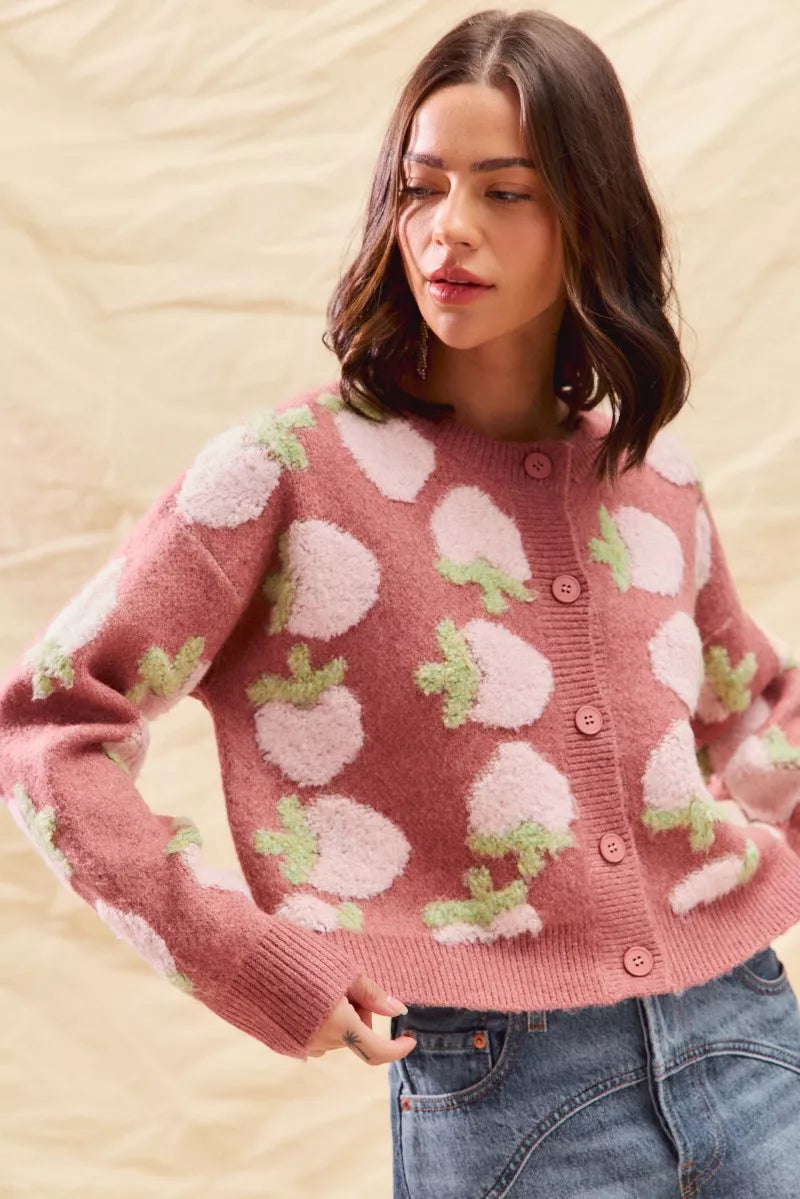 SO ME Strawberry Fruit All Over Button Sweater Cardigan 