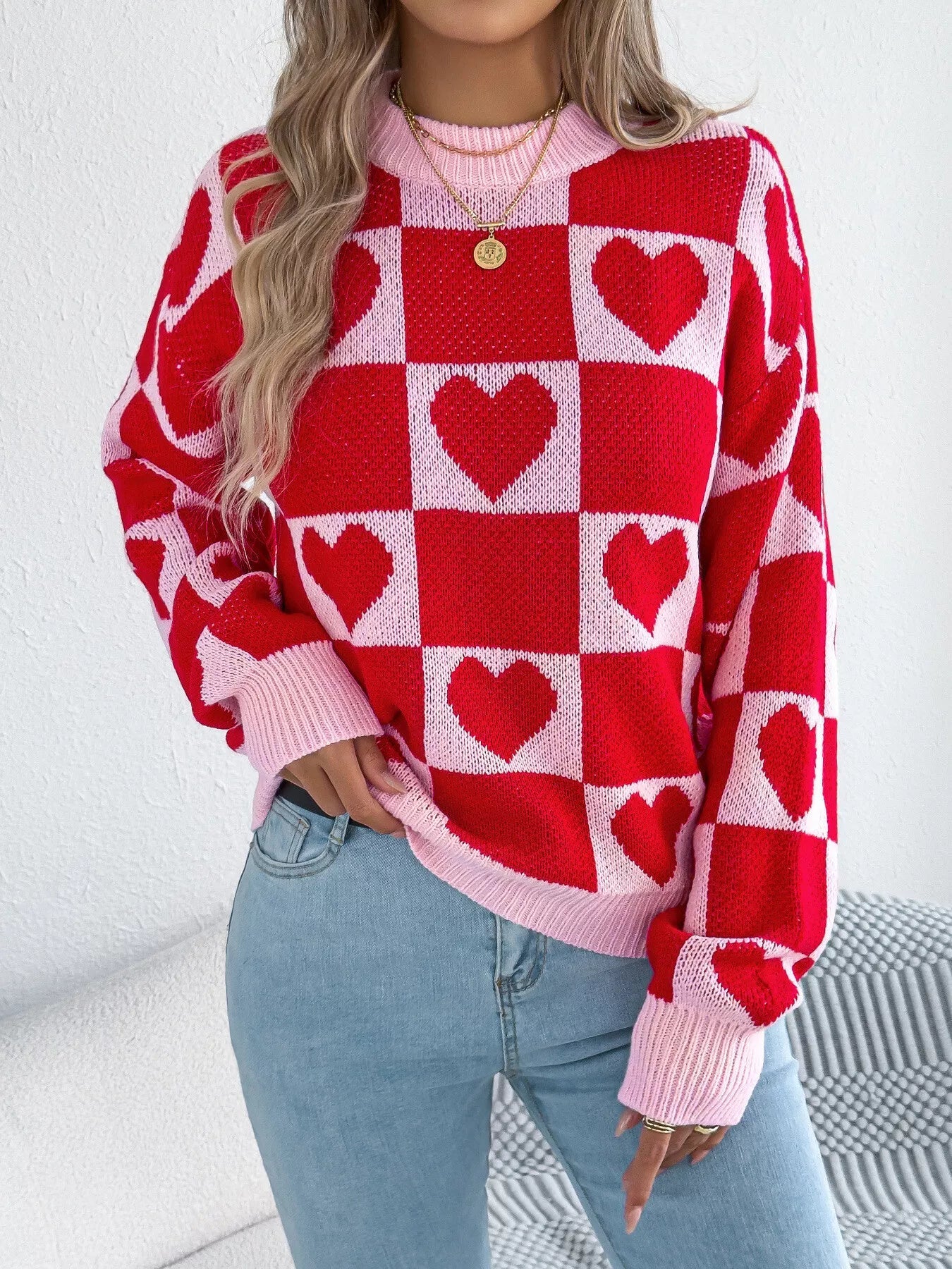 Heart Checkerboard Pattern Round Neck Sweater 