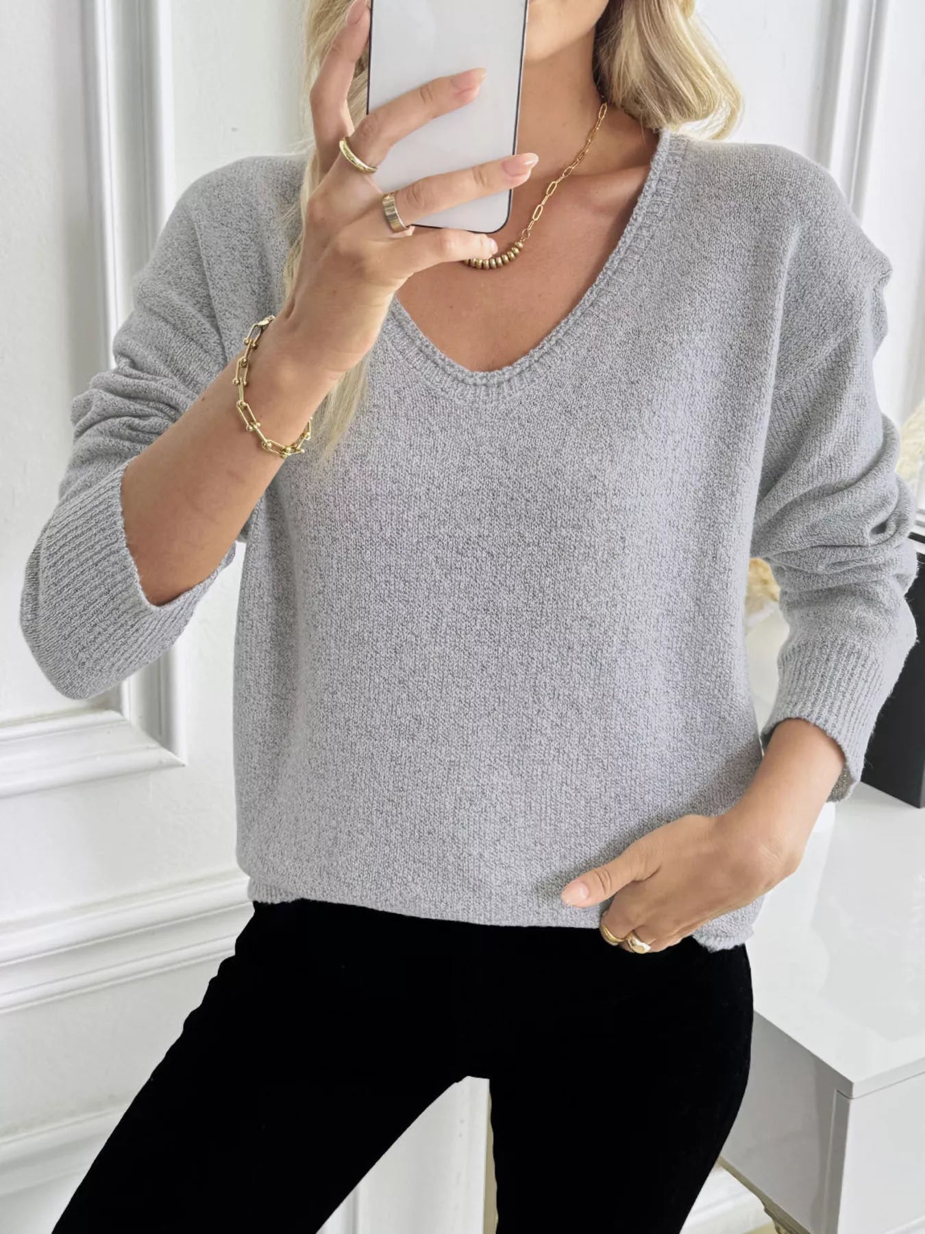 Casual V-Neck Drop Shoulder Sweater 