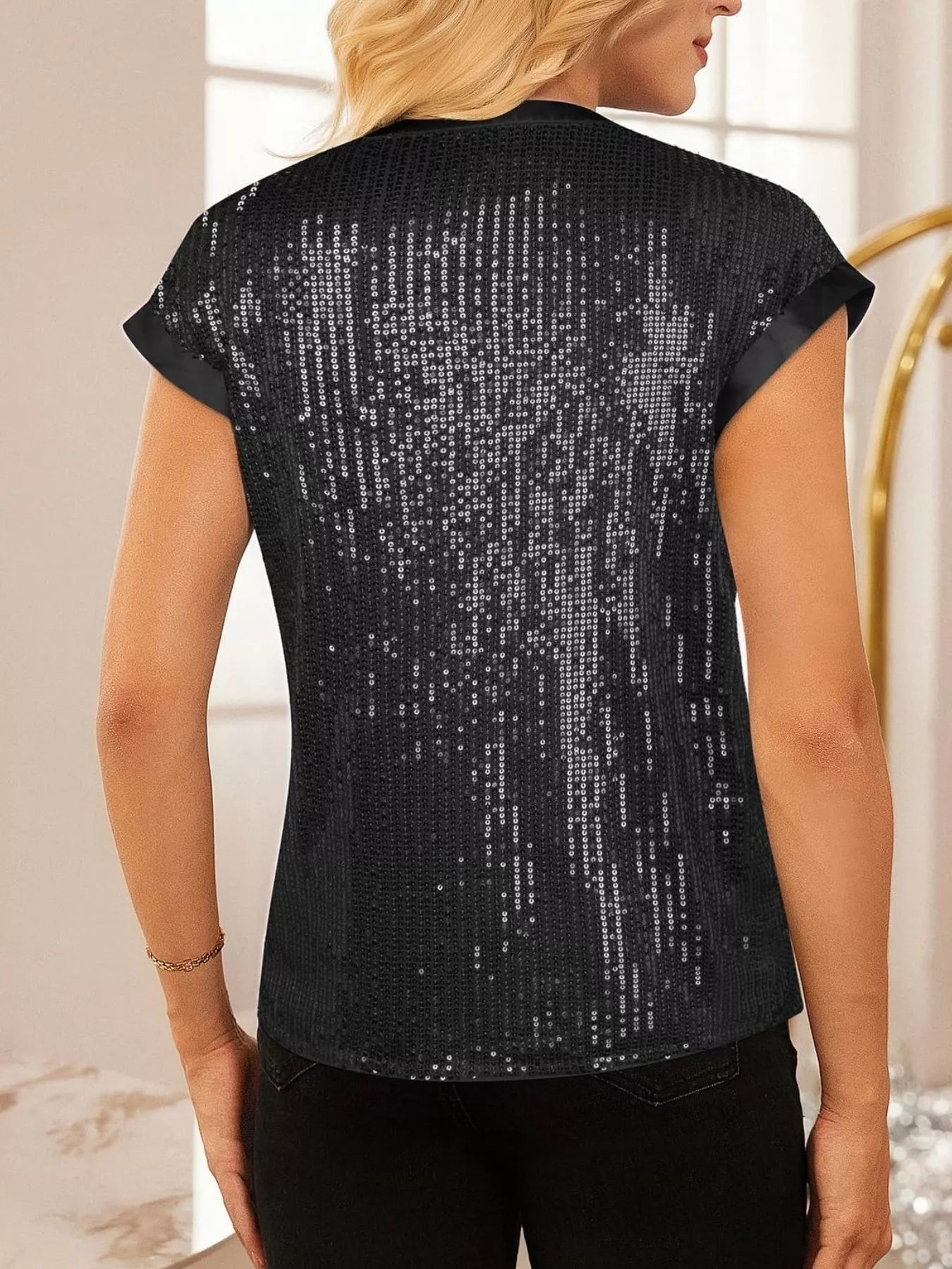 Sequin Notched Cap Sleeve Blouse 