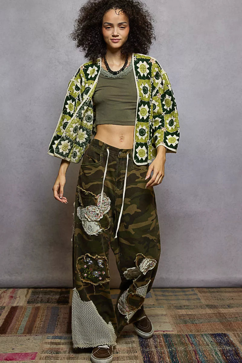 POL Open Front Cardigan with Varied Patterns 